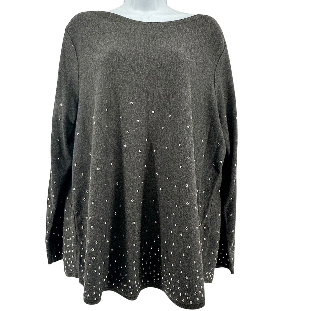 Chico's Rhinestone Embellished Pullover Top Women Size XL Charcoal Gray Glam